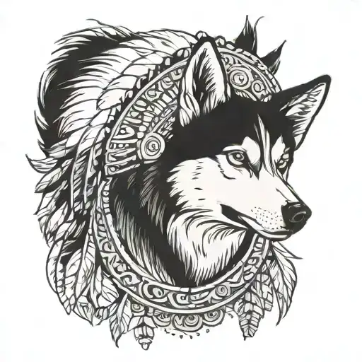 A tattoo of a Siberian Husky wearing a traditional headdress from a specific culture tattoo design idea