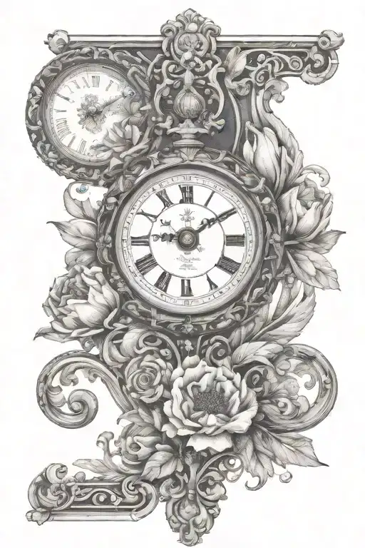 Ornamental baroque work/scrollwork. Include a clock, an ank, a rearview mirror with a Poppyfield. tattoo design idea