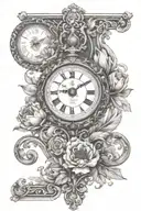 Ornamental baroque work/scrollwork. Include a clock, an ank, a rearview mirror with a Poppyfield. tattoo design idea