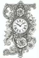 Ornamental baroque work/scrollwork. Include a clock, an ank, a rearview mirror with a Poppyfield. tattoo design idea