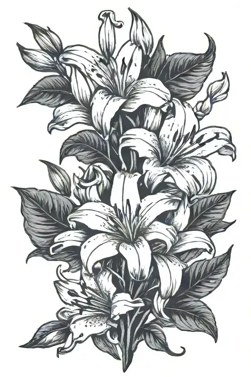 A black and white tattoo with three lilies. Each stem should spell a name: Kalle, Liam and Anna respectively. tattoo design idea
