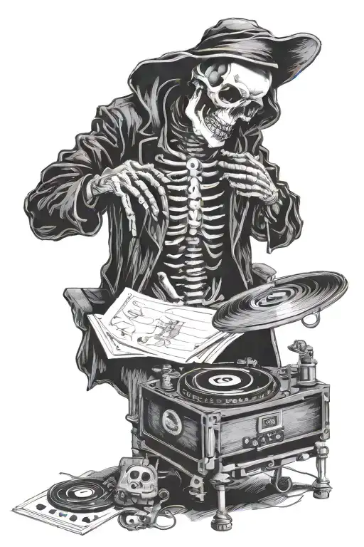 Skeleton DJing, spinning records, black and white, detailed, gothic, tarot card tattoo design idea
