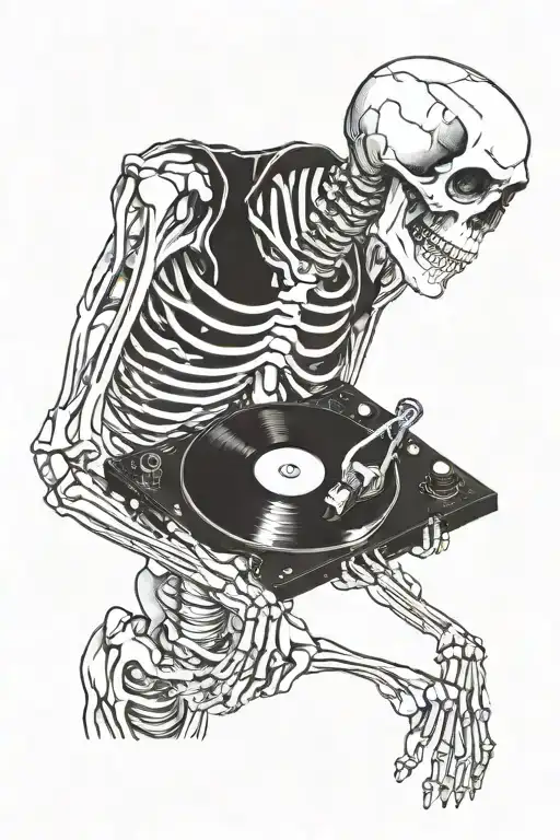 Skeleton DJ records black and white  tattoo design idea