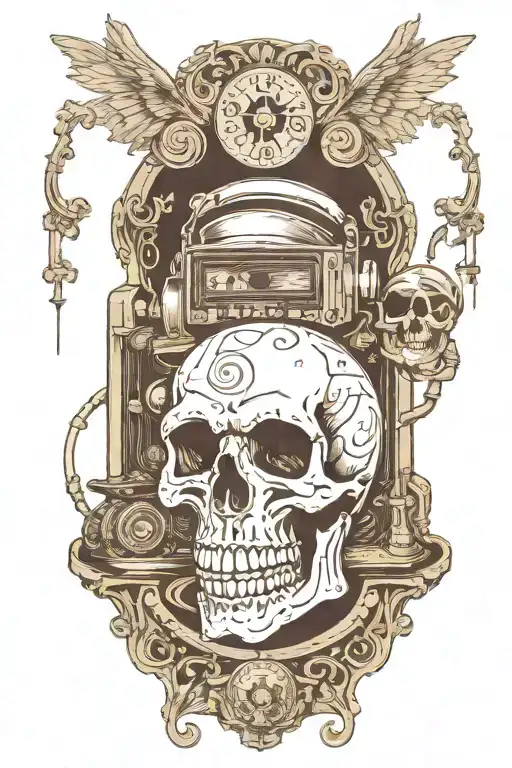 Skull DJ, spinning records, black and white, detailed, gothic, tarot card tattoo design idea