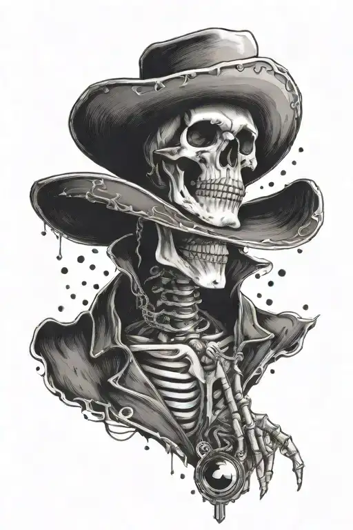 Skeleton with Cowboy hat, DJing, spinning records, black and white, detailed, gothic, tarot card tattoo design idea