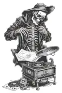 Skeleton DJing, spinning records, black and white, detailed, gothic, tarot card tattoo design idea
