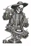 Skeleton DJing, spinning records, black and white, detailed, gothic, tarot card tattoo design idea