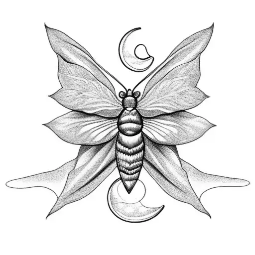 moth, crescent moon, leaves tattoo design idea