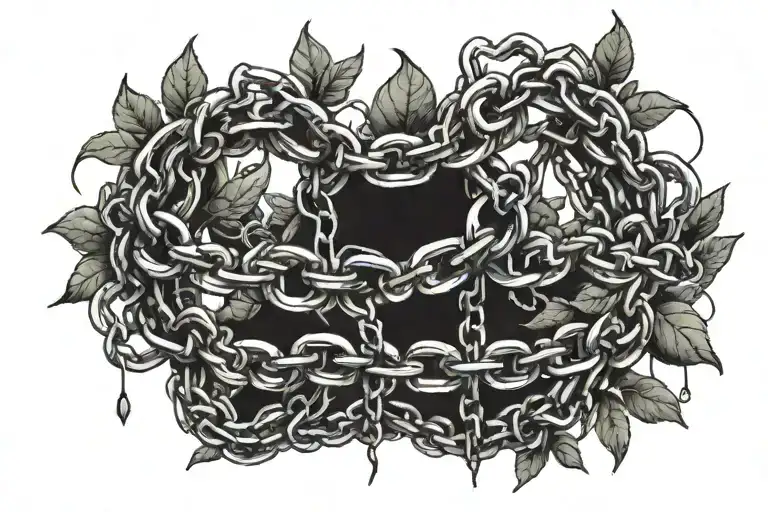 Chains errupting from and diving back into skin. Plants growing around chains break the chain links  tattoo design idea