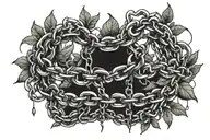 Chains errupting from and diving back into skin. Plants growing around chains break the chain links  tattoo design idea