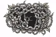 Chains errupting from and diving back into skin. Plants growing around chains break the chain links  tattoo design idea
