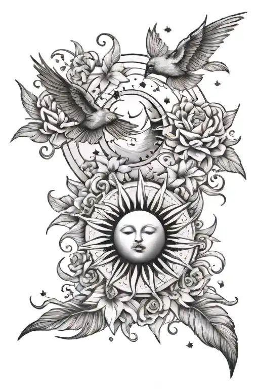 sun, moon, stars, flowers and birds flying tattoo design idea