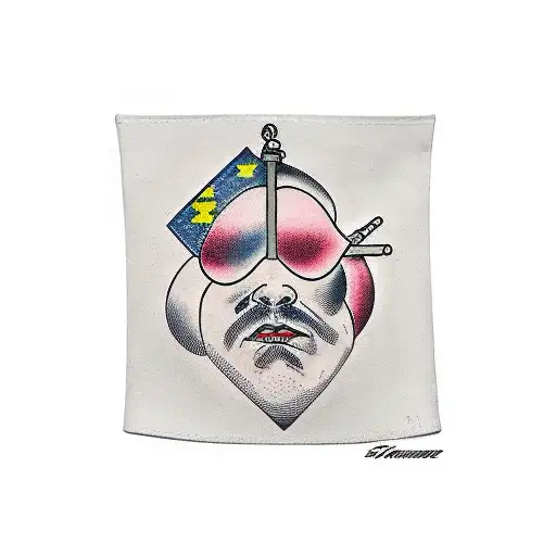 blindfold bold man, gun uder tattoo design idea