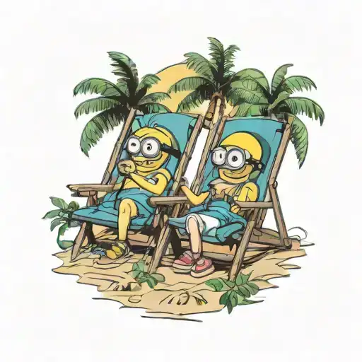 2 minions in beach chairs with palm trees tattoo design idea