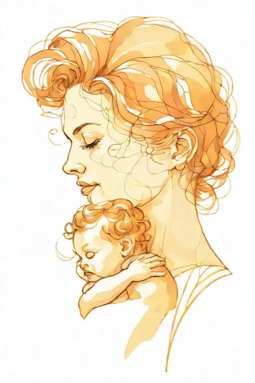 line outline style of mother and baby. brain outline on mom linked to her heart.  tattoo design idea