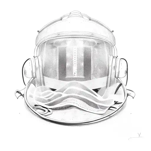 A detailed sketch of a firefighter's helmet surrounded by music notes and flames tattoo design idea