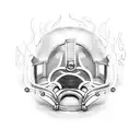 A detailed sketch of a firefighter's helmet surrounded by music notes and flames tattoo design idea
