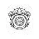 A detailed sketch of a firefighter's helmet surrounded by music notes and flames tattoo design idea