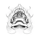 A detailed sketch of a firefighter's helmet surrounded by music notes and flames tattoo design idea