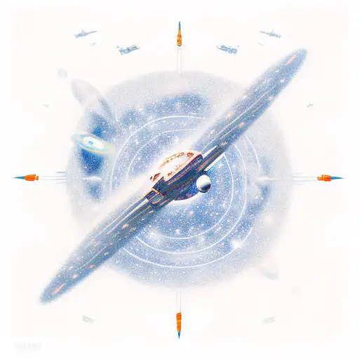 A spaceship sailing through a galaxy-filled sky above a serene island tattoo design idea