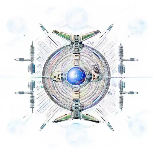 An intricate design of a spaceship navigating through a galaxy made up of surgical tools tattoo design idea