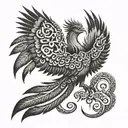 A mystical phoenix rising from the ashes, surrounded by ancient Mayan symbols of protection and guidance tattoo design idea