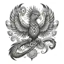 A mystical phoenix rising from the ashes, surrounded by ancient Mayan symbols of protection and guidance tattoo design idea