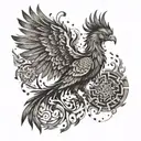 A mystical phoenix rising from the ashes, surrounded by ancient Mayan symbols of protection and guidance tattoo design idea