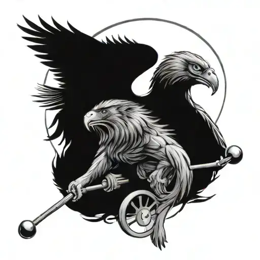 A lion and an eagle facing each other with a crosstraining barbell between them tattoo design idea