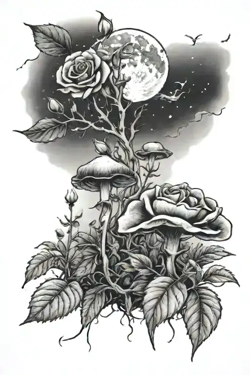 A tattoo of a moonlit scene with a blooming rose bush, incorporating weed and magic mushrooms tattoo design idea