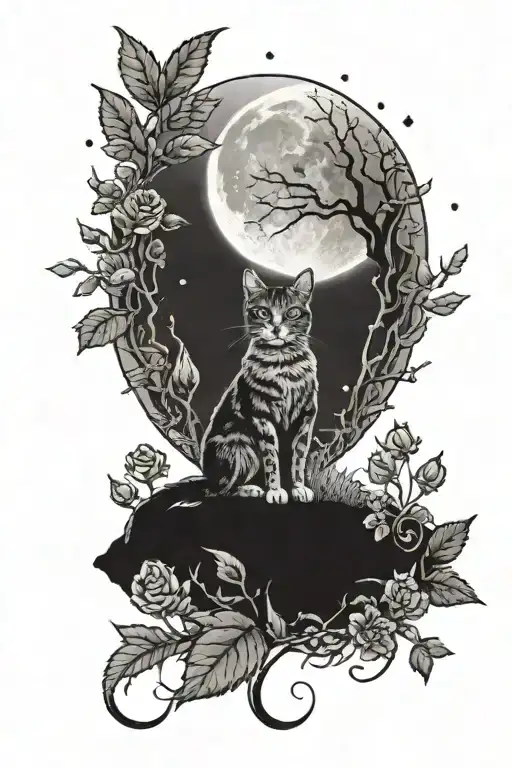 A tattoo of a moonlit scene with a cat sitting under a blooming rose bush, incorporating weed leaves and magic mushrooms tattoo design idea