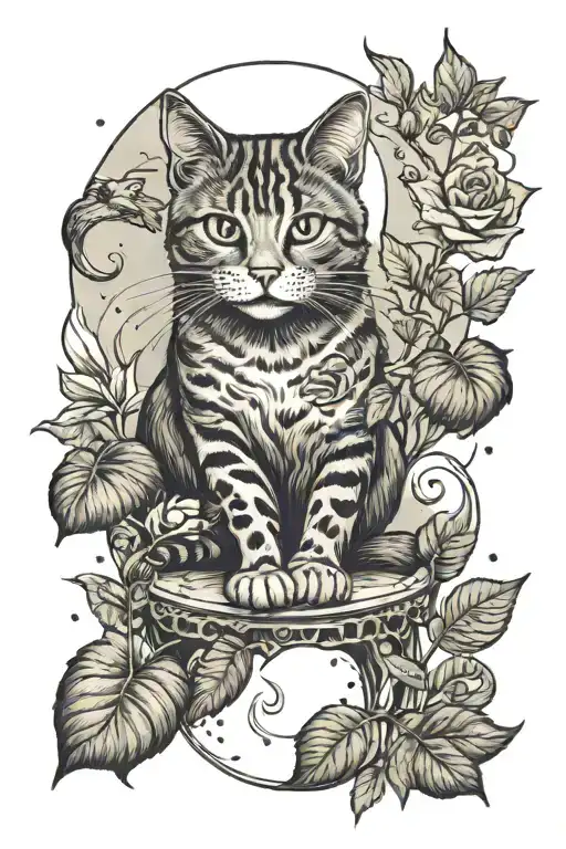 A tattoo of a moonlit scene with a cat sitting under a blooming rose bush, incorporating weed leaves and magic mushrooms tattoo design idea
