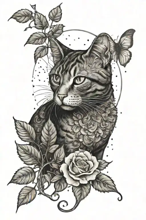A tattoo of a moonlit scene with a cat sitting under a blooming rose bush, incorporating weed leaves and magic mushrooms tattoo design idea