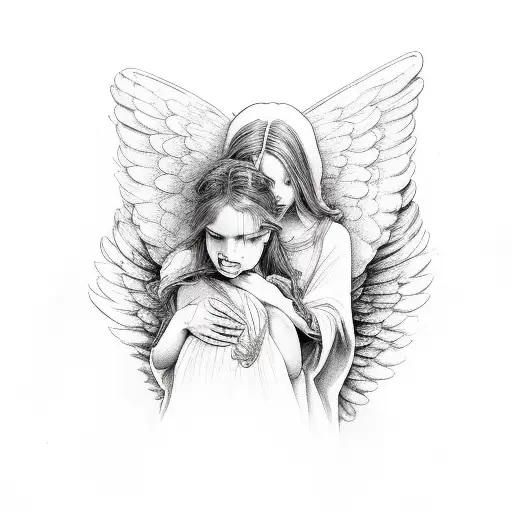 one female angel and one male angel protecting two childs tattoo design idea