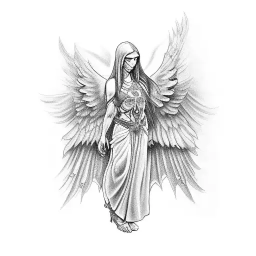 Tattoo on Back,Spirit healer WoW, with his big wings ,Ave maria under him crying tattoo design idea