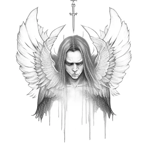 Spirit healer with his big wings ,Ave maria under him crying tattoo design idea