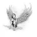 Spirit healer with his big wings ,panna maria under him crying tattoo design idea