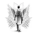 Spirit healer with his big wings ,panna maria under him crying tattoo design idea