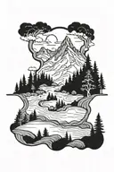 mountain with trees and stream flowing tattoo design idea