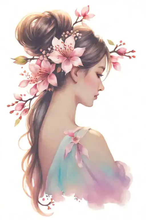 Olivia spelled vertically, princess crown, cherry blossoms tattoo design idea