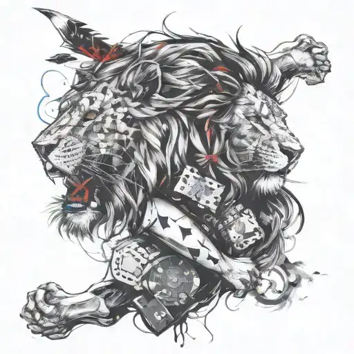fierce lion and gambling addiction combined tattoo design idea