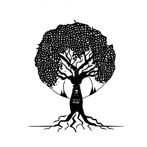 tree with an axe wedged into the trunk of the tree tattoo design idea