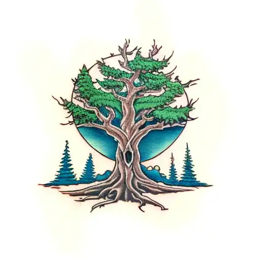 tree with an axe wedged into the lower half of  the trunk of the tree. no background tattoo design idea