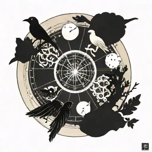 An astrology wheel with bird silhouettes in each zodiac sign, symbolizing the connection between fate and nature tattoo design idea