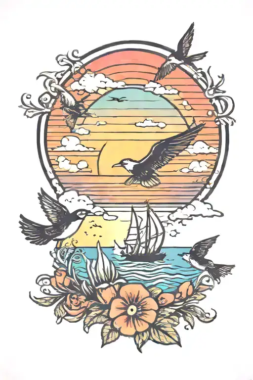 a beach theme tattoo with a sunset and birds in the colorful sky tattoo design idea