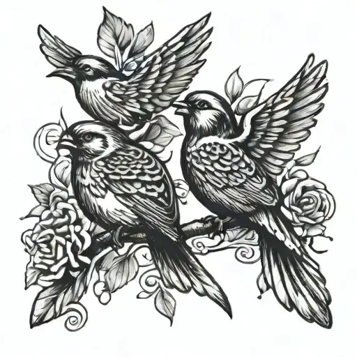 2 mirrored finches flying towards eachother on the chest  tattoo design idea