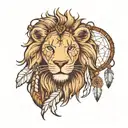 A gentle lion's head with dream catcher and a light house tattoo design idea