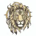 A gentle lion's head with dream catcher and a light house tattoo design idea