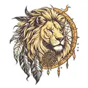 A gentle lion's head with dream catcher and a light house tattoo design idea