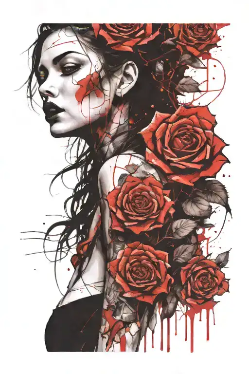 girl with roses and thorns tattoo design idea